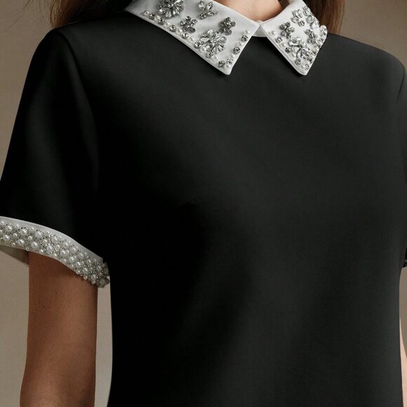 Black Elegant Women's Contrast Color Block Studded Decorated Dress - Picture 3 of 7